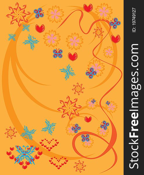Abstract background with flowers, butterflies and hearts. illustration
