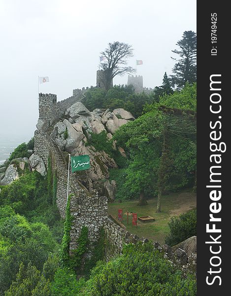 Ancient Moors fortress in Portugal with stone walls.