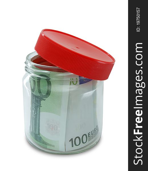 Money in opened jar, isolated on white