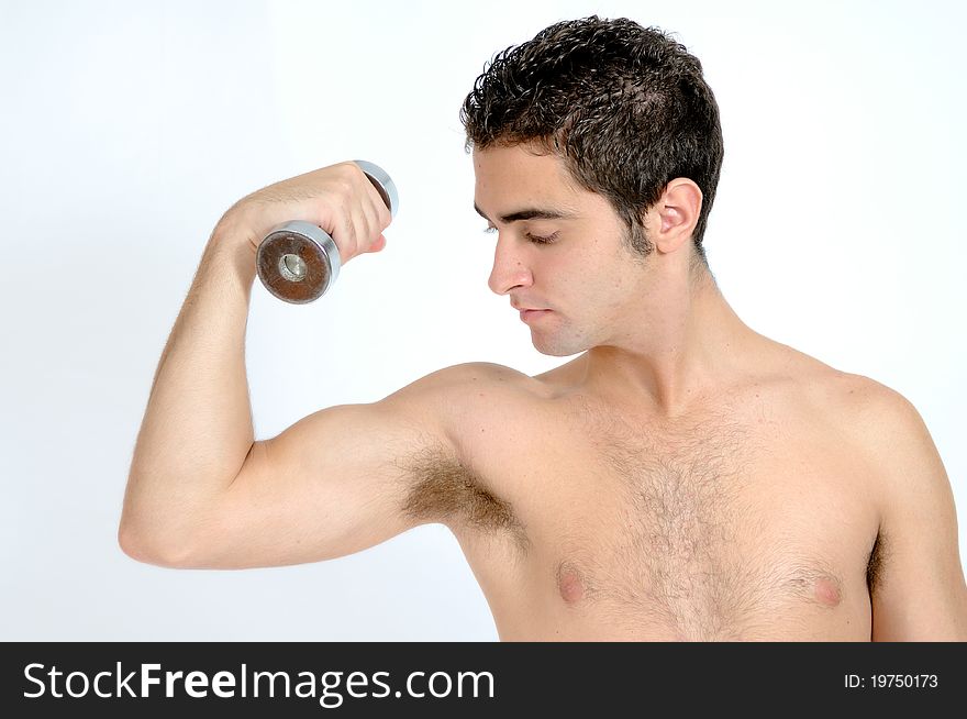 A Young man lifting weights on white background. A Young man lifting weights on white background