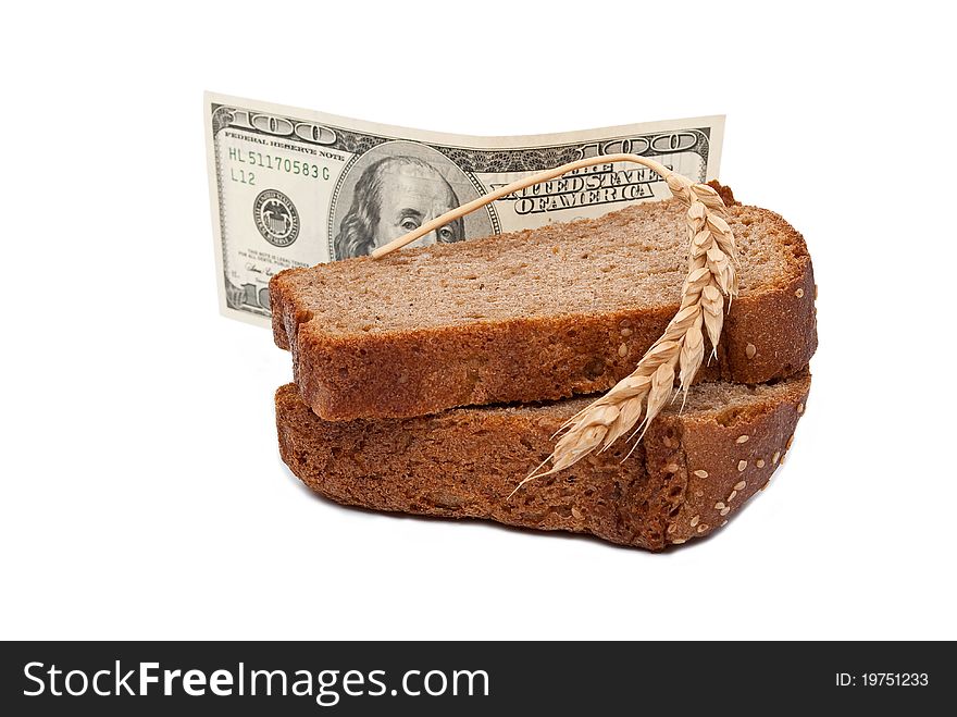 Dollar with slice bread on white