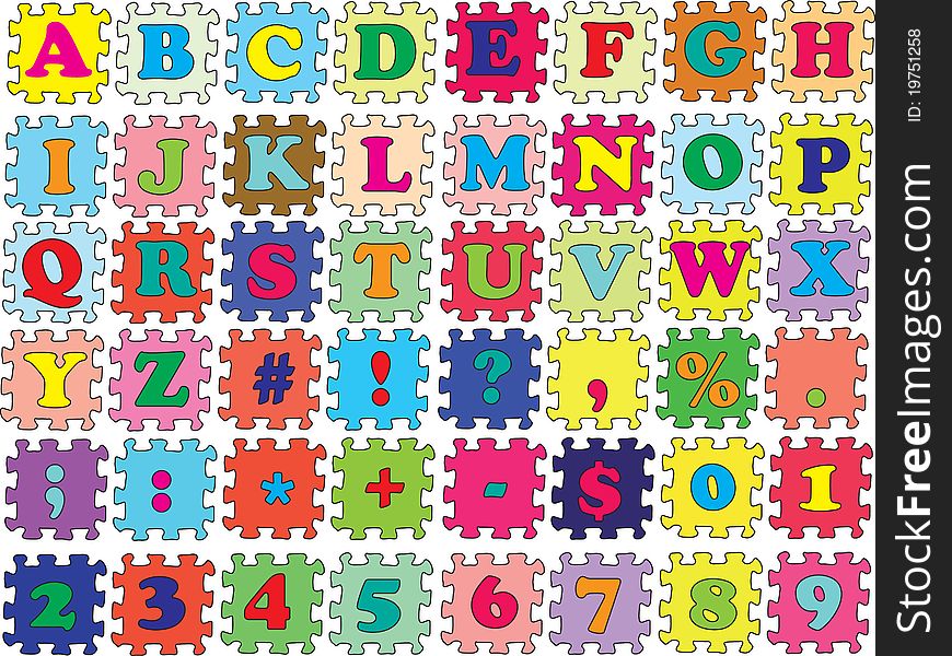 Alphabet, numbers and symbols into vector form a puzzle. Alphabet, numbers and symbols into vector form a puzzle.