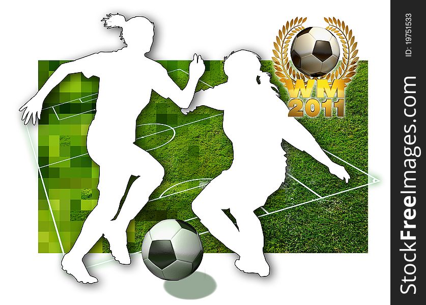 Silhouette of two female soccer players, a ball in black and white, parts of a football pitch and a golden laurel wreath. Silhouette of two female soccer players, a ball in black and white, parts of a football pitch and a golden laurel wreath