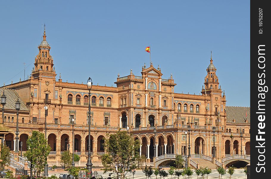 A general view of the beautiful Plaza de Espana In Seville Spain. A general view of the beautiful Plaza de Espana In Seville Spain