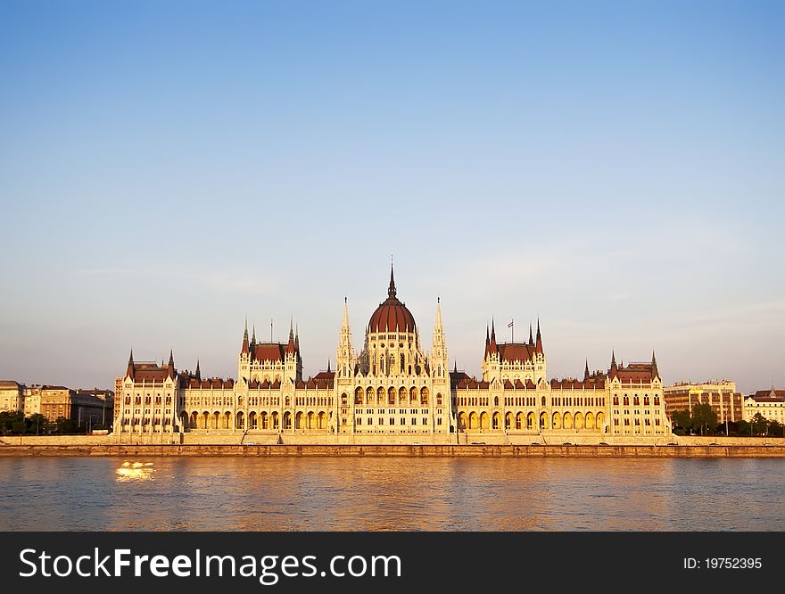 Front view of Hungarian Parliament, Budapest, Hungary