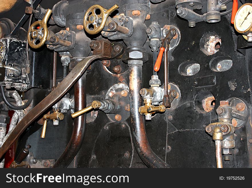 The Controls in the Cab of a Vintage Steam Train.