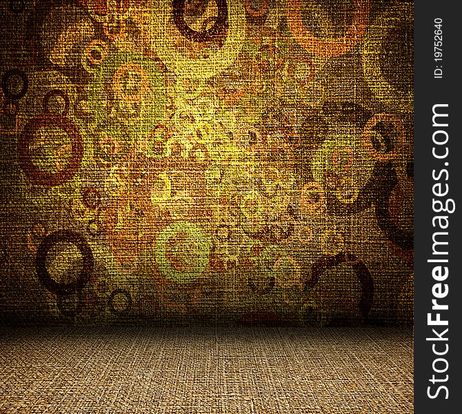 Grunge textile room, colorful circles on the wall