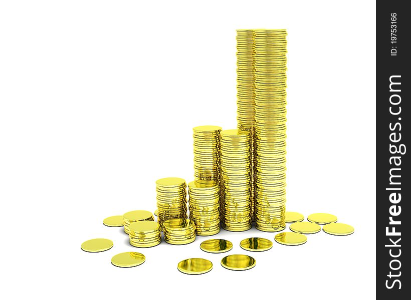 Golden coins growth and earnings isolated