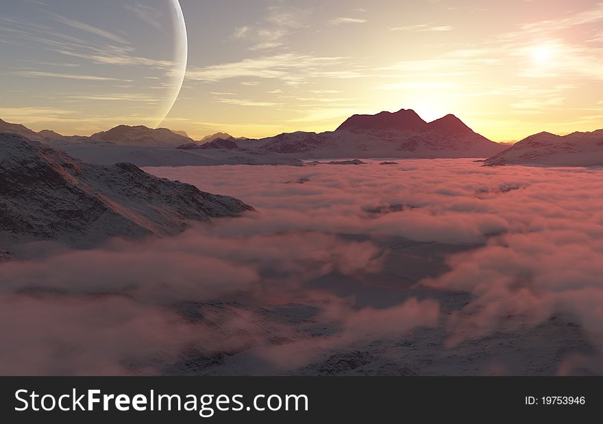 Fantasy background of sunset above the clouds - computer generated. Fantasy background of sunset above the clouds - computer generated