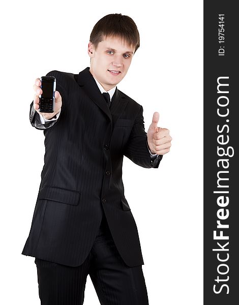 Young business man make good choice on white background