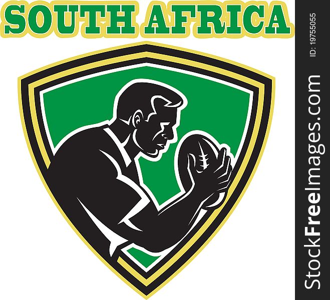 Illustration of a rugby player with ball set inside shield done in retro style with words South Africa. Illustration of a rugby player with ball set inside shield done in retro style with words South Africa