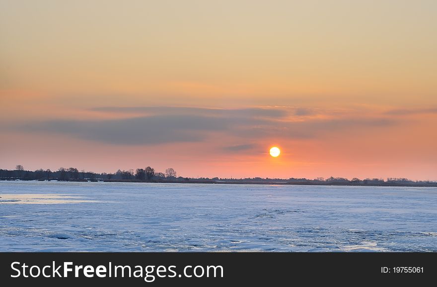 Sunrise on river in the winter. Sunrise on river in the winter