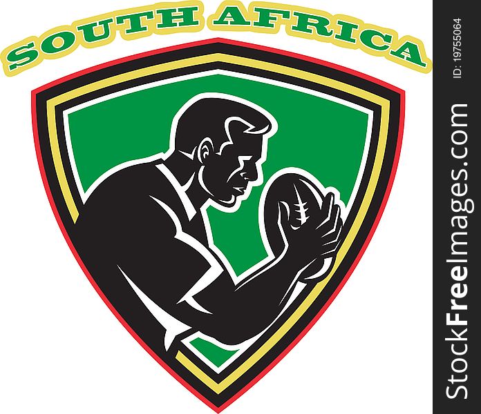 Illustration of a rugby player with ball set inside shield done in retro style with words South Africa. Illustration of a rugby player with ball set inside shield done in retro style with words South Africa