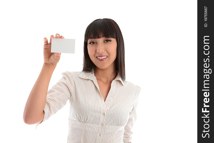 Smiling woman holding up a blank business card, club card, credit card, student card or other. White background. Smiling woman holding up a blank business card, club card, credit card, student card or other. White background.