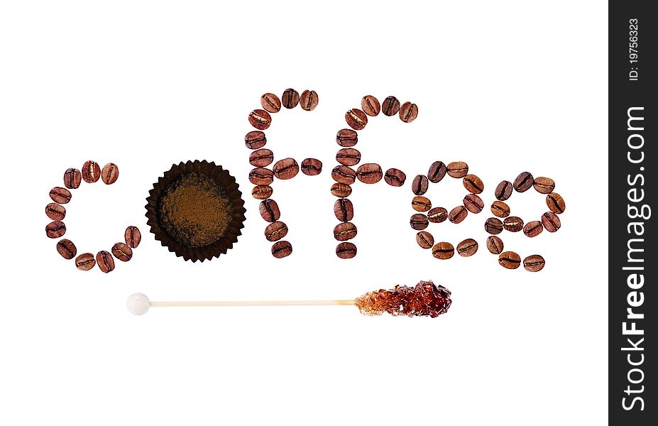 Coffee beans isolated on white background with sugar stick
