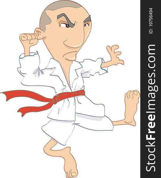 Cartoon of man performing Karate kick. Isolated on white