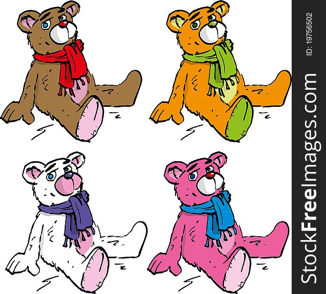 Four Cartoon Teddy Bears Different Colour