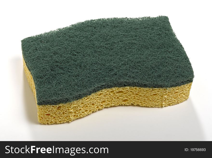 Sponge with green abrasive on white background