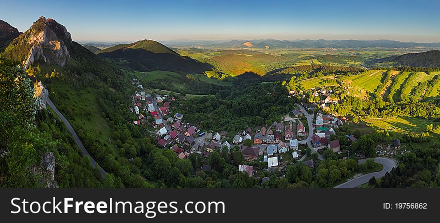Landscape with village, mountains and blu sky - panoramic