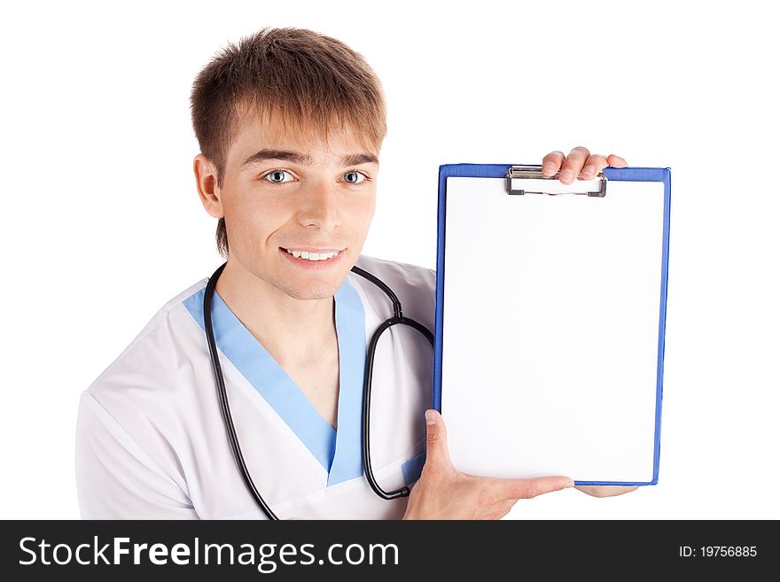 Medical doctor holding clipboard isolated on white background