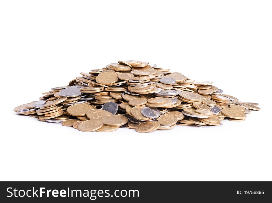 Heap of ukrainian coins isolated on white nd