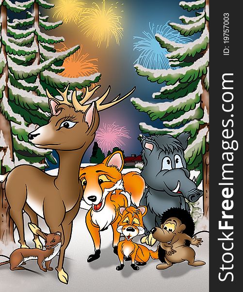 Animals and Fireworks - Cartoon Background Illustration, Bitmap