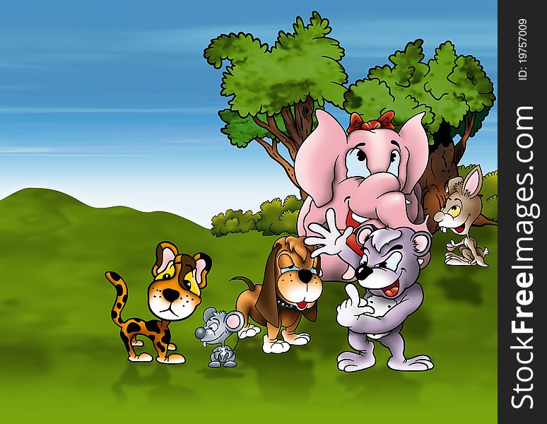 Animals Cartoon - Cheerful Background Illustration, Bitmap