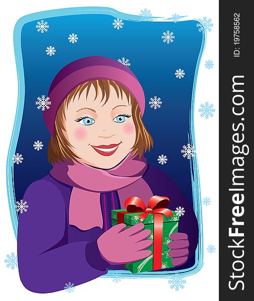 Vector illustration of a girl holding a Xmas present. Vector illustration of a girl holding a Xmas present