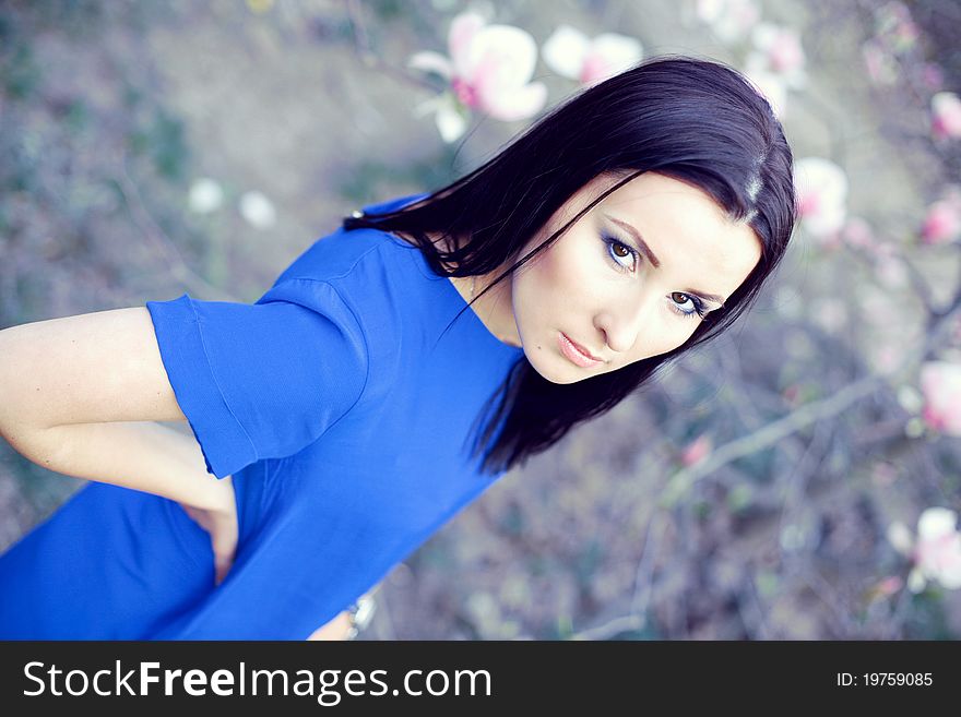 Attractive Brunette In A Blue Dress