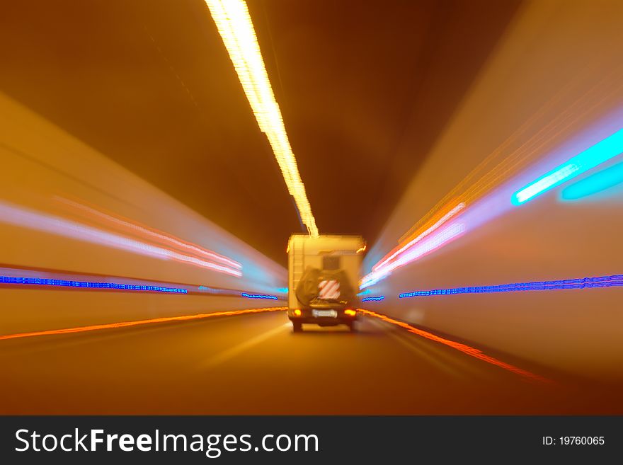 Mobile home driving through the tunnel