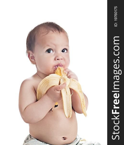 Baby with banana isolated on white