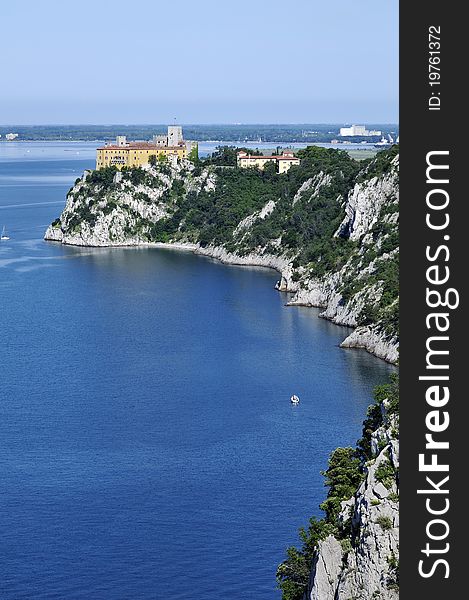 View of Duino Castle built on the rocky coast in the north of the Adriatic Sea