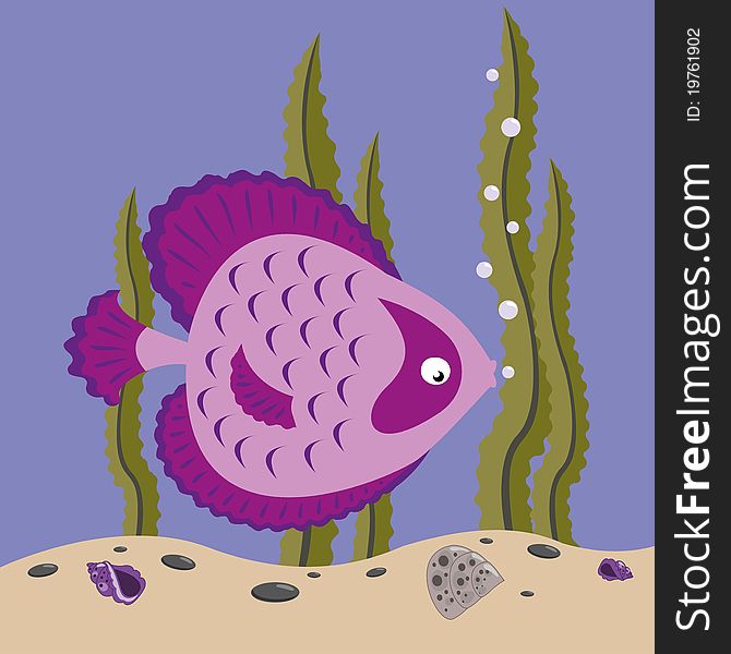 Funny pink fish swims in the sea