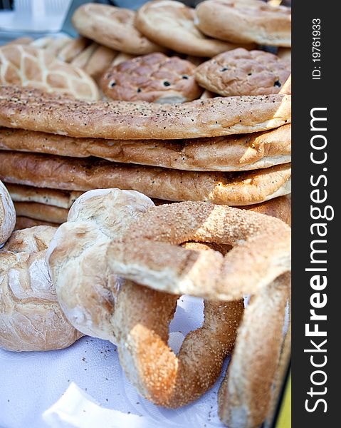 Big assortment of fresh bread at the market