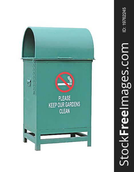 Green Color Waste Container With No Smoking Sign. Image Is Isolated On White. Green Color Waste Container With No Smoking Sign. Image Is Isolated On White