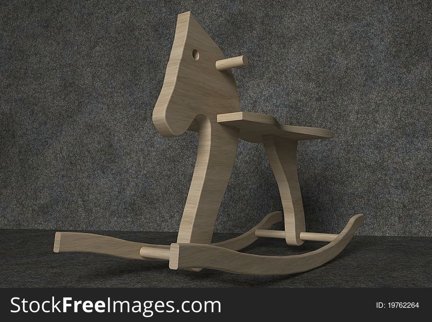 Wooden rocking horse in a dark stone room in 3d