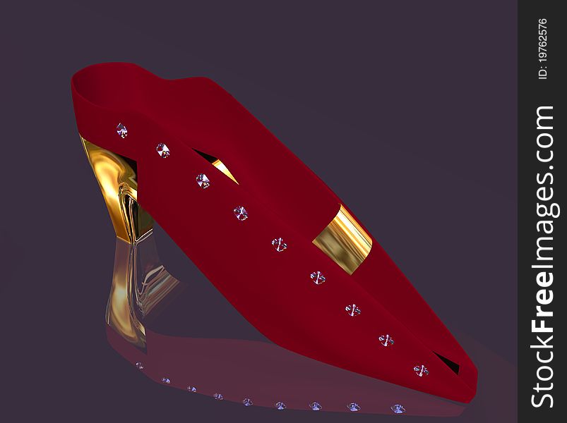 One red shoe with reflection decorated with jewels