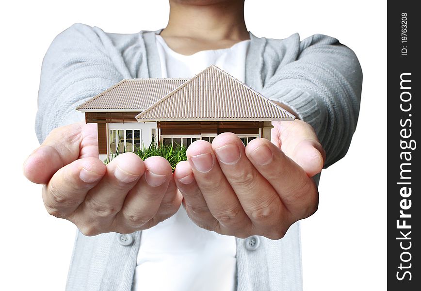 House in human hands male teenage white background