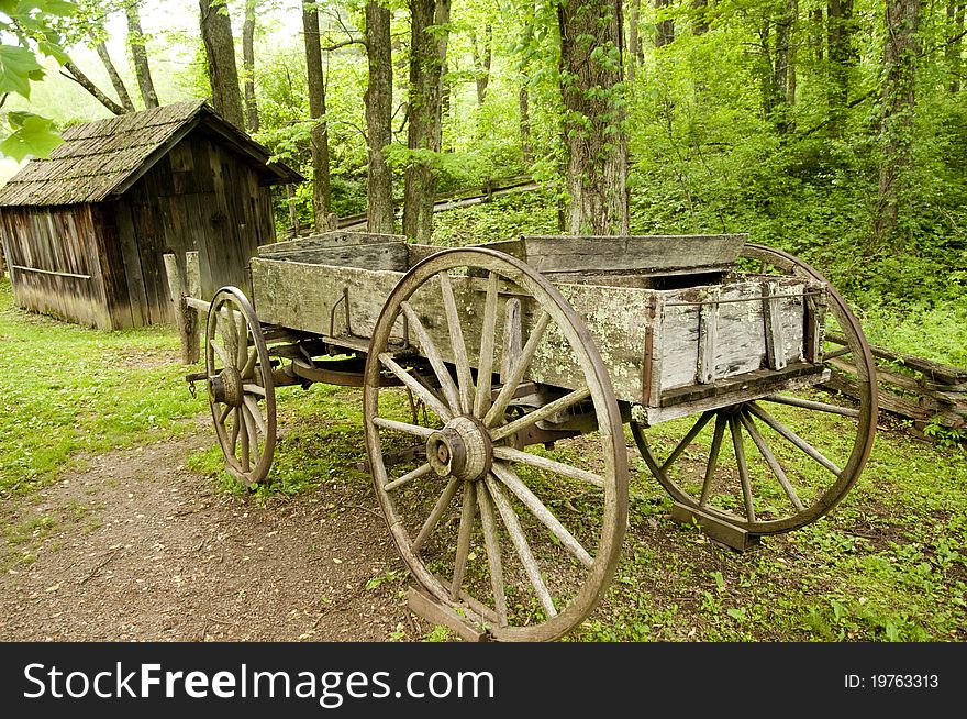 Historic wooden cart and shed in Virginia