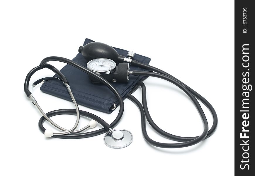 The stethoscope and pressure gauge device on white background