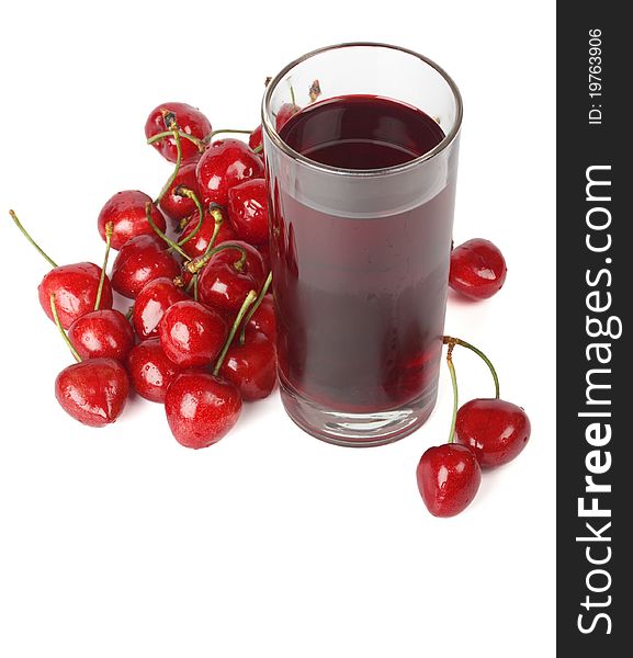 Cherry nectar and cherries on white background