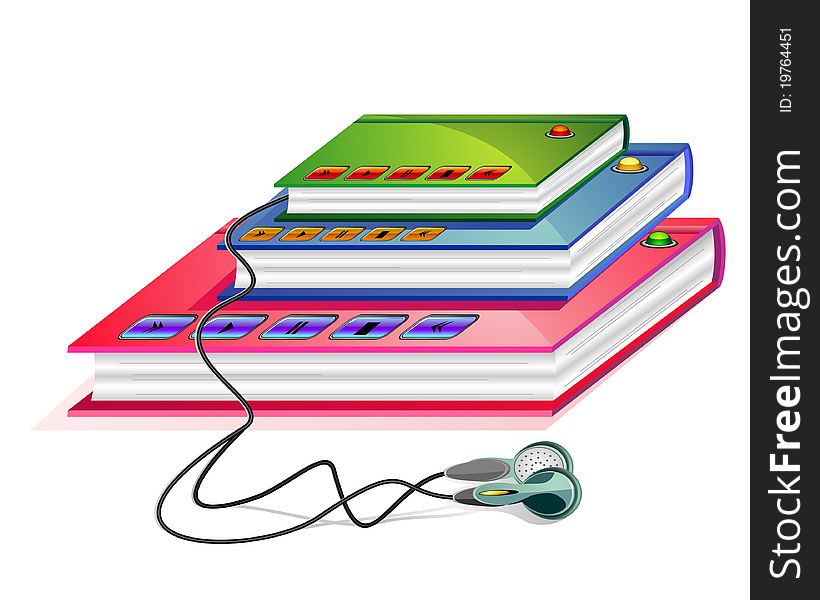 Group of books with connected earphones and control buttons. Group of books with connected earphones and control buttons
