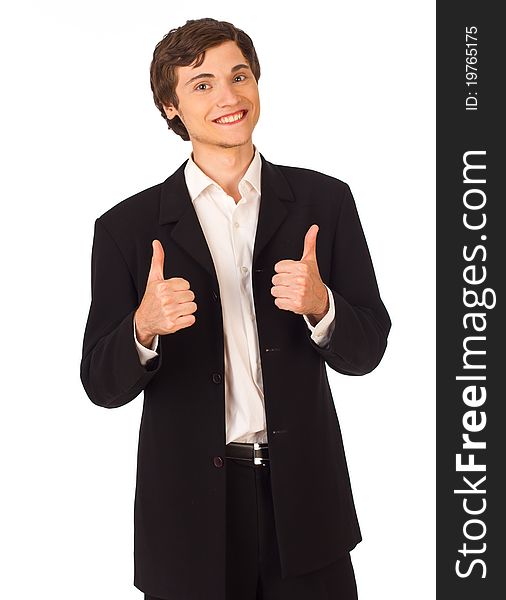 Happy business man standing showing thumbs up and smiling. Happy business man standing showing thumbs up and smiling