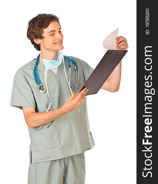 Happy young doctor standing smiling with black clipboard. Happy young doctor standing smiling with black clipboard