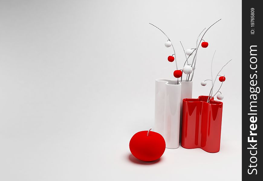 Two creative vases and a red apple, rendering