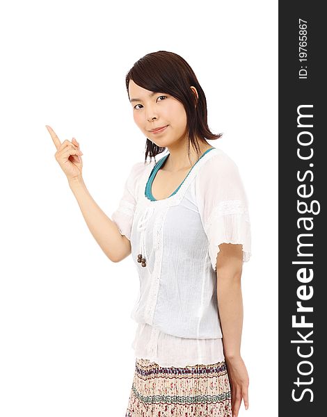 Portrait of young japanese woman pointing. Portrait of young japanese woman pointing