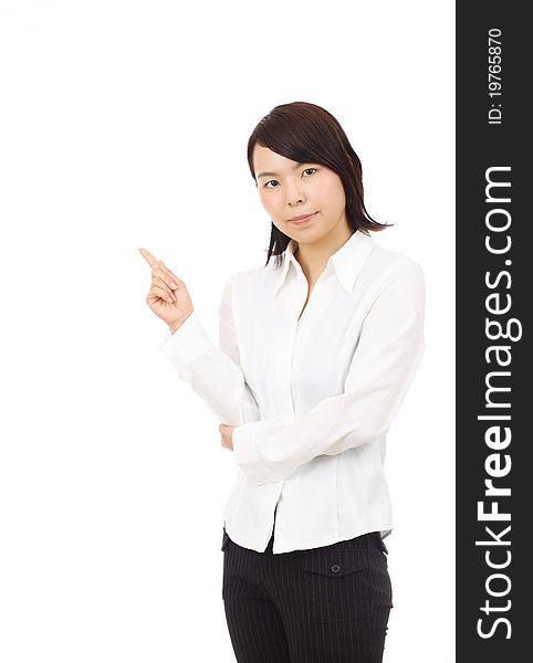 Portrait of young asian business woman pointing