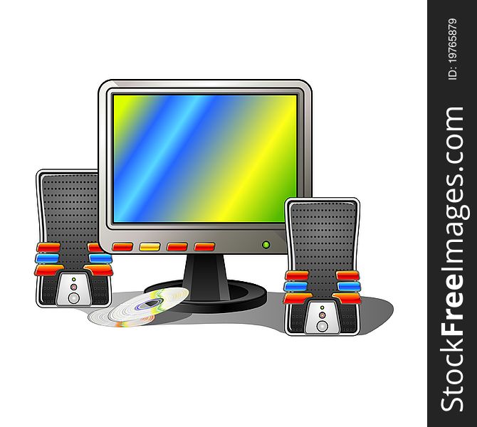 LCD monitor, two desktop computer speakers and compact disks. LCD monitor, two desktop computer speakers and compact disks