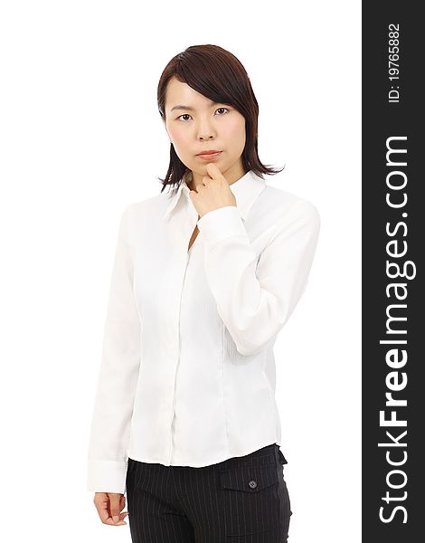 Portrait of young asian business woman thinking