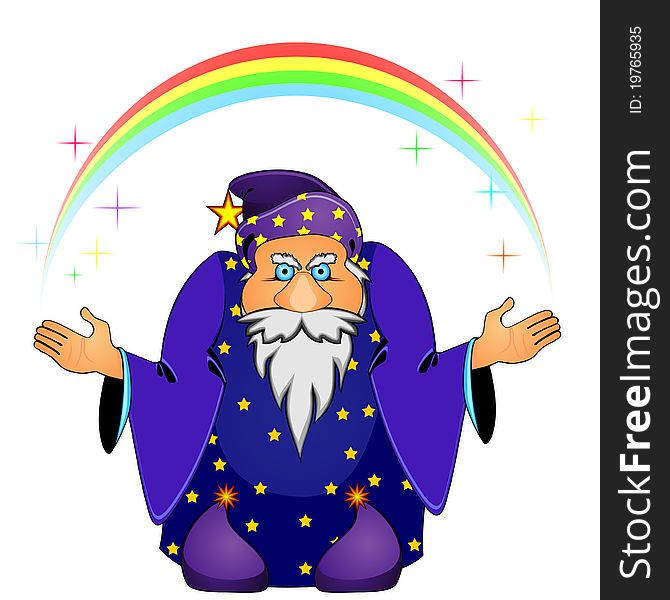 Old cartoon magician holding rainbow and colorful stars. Old cartoon magician holding rainbow and colorful stars